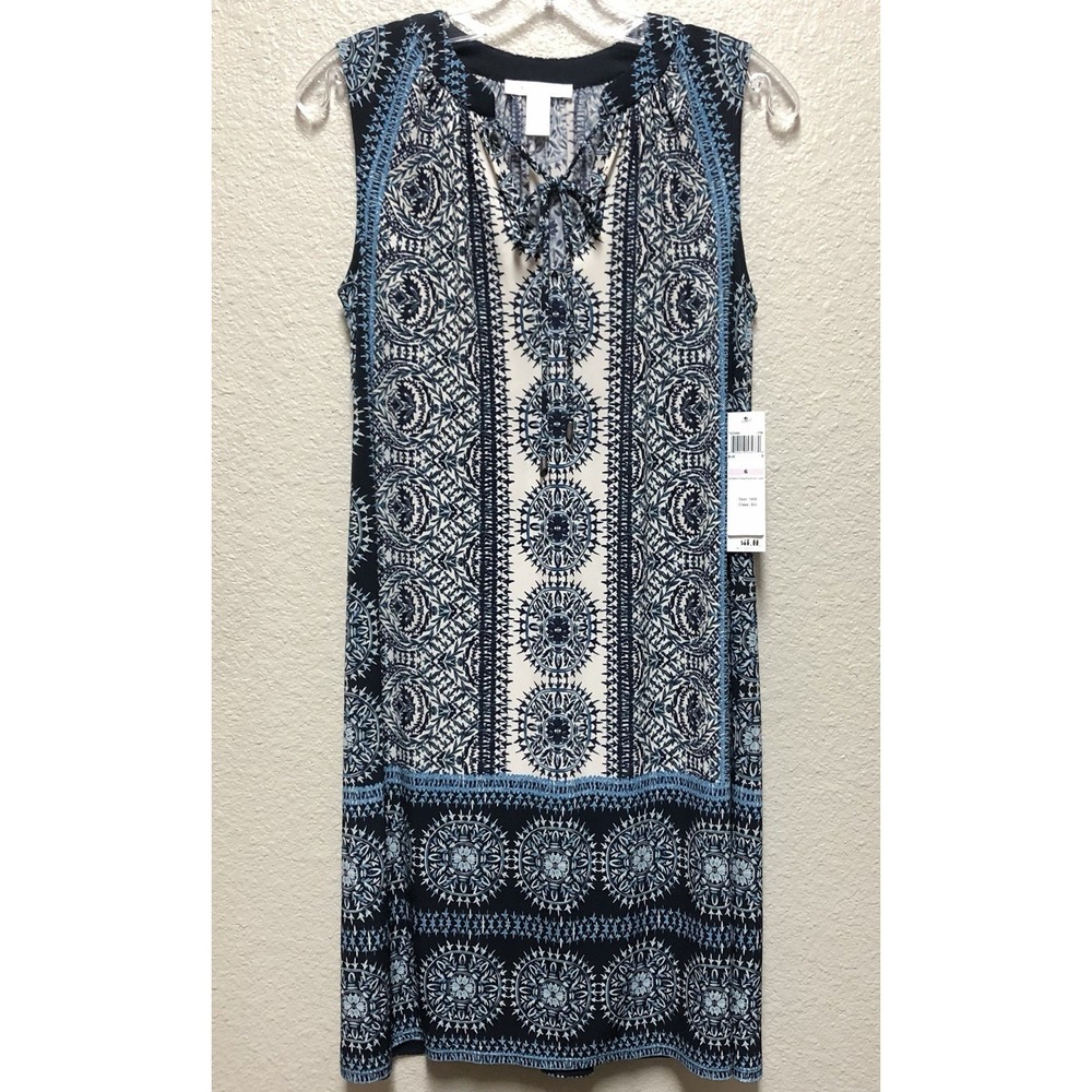 London Times Blue White Geometric Knit Tie Neck Sleeveless Shift Dress Size 6